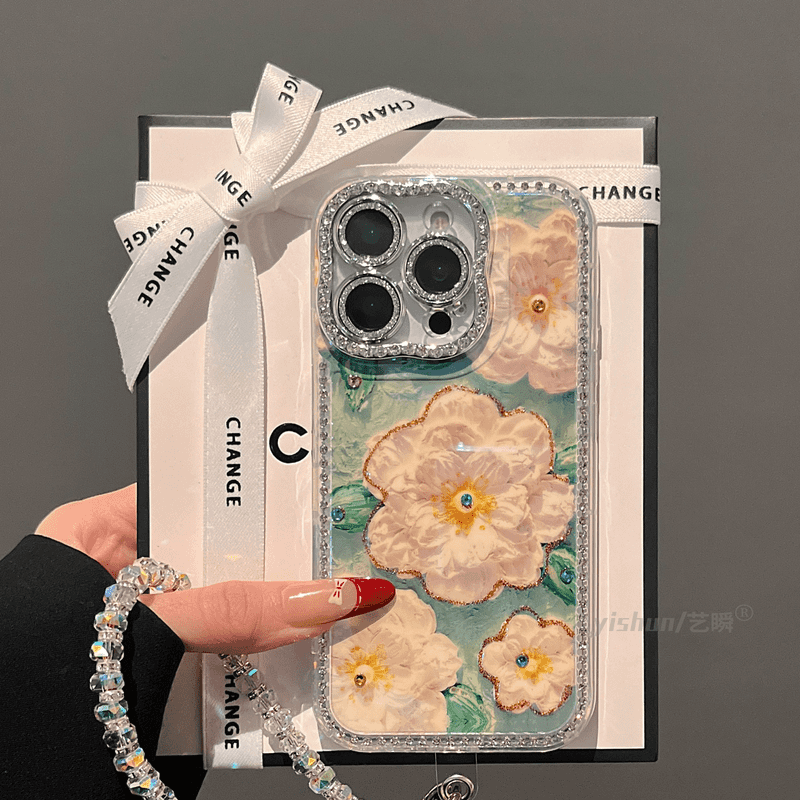 Luxury Sparkling Rhinestone Flower Lens Film Phone Case for iPhone