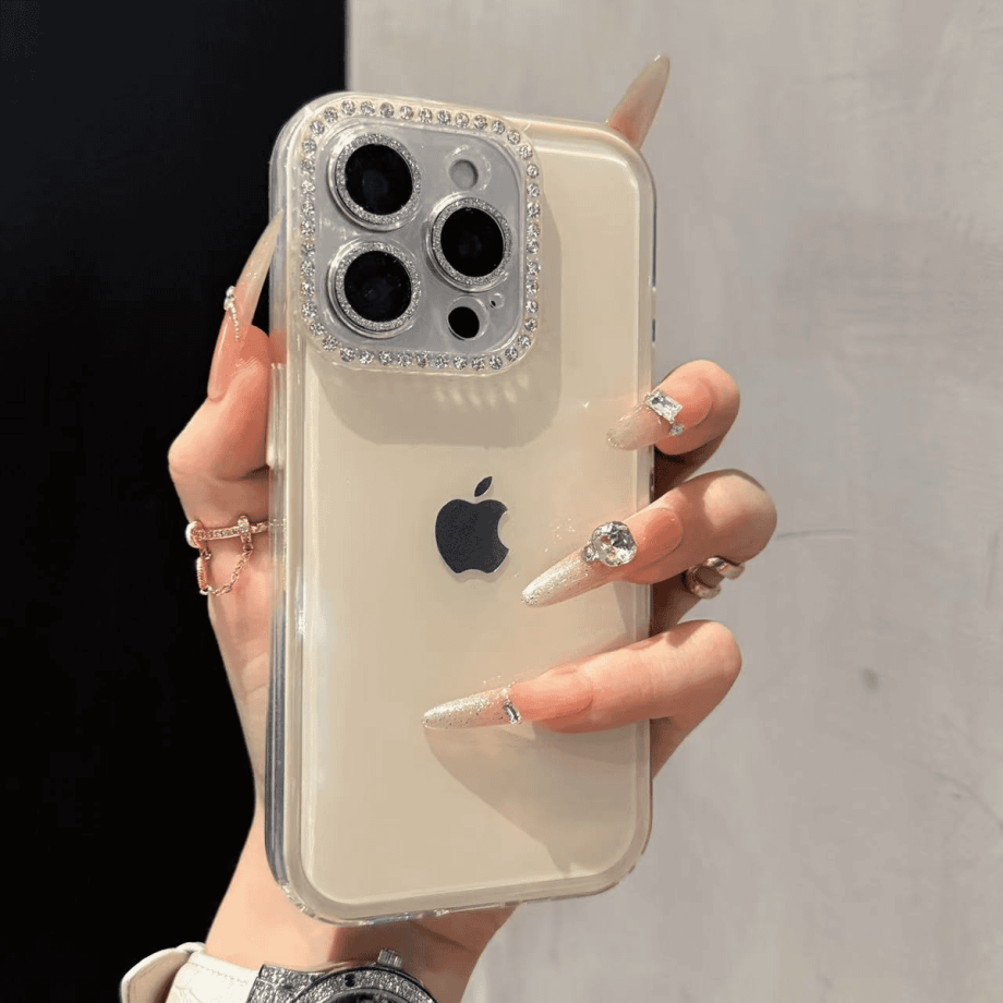 Full-coverage Rhinestone Camera Lens Jelly Case for iPhone