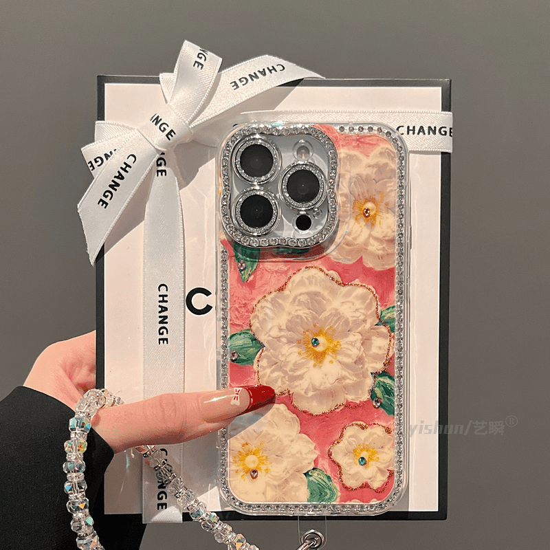 Luxury Sparkling Rhinestone Flower Lens Film Phone Case for iPhone