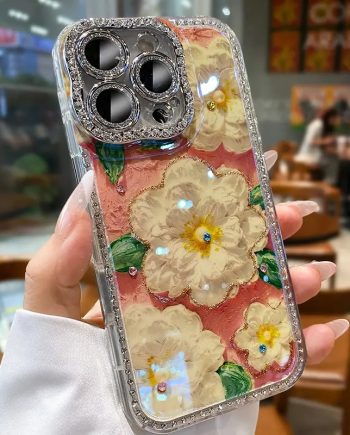 Luxury Sparkling Rhinestone Flower Lens Film Phone Case for iPhone