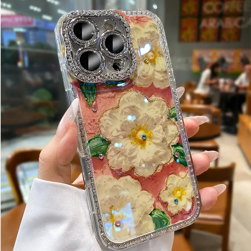 Luxury Sparkling Rhinestone Flower Lens Film Phone Case for iPhone