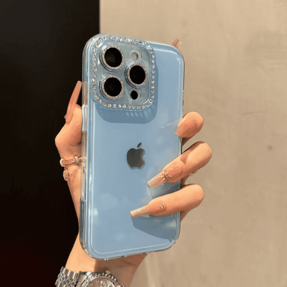 Full-coverage Rhinestone Camera Lens Jelly Case for iPhone