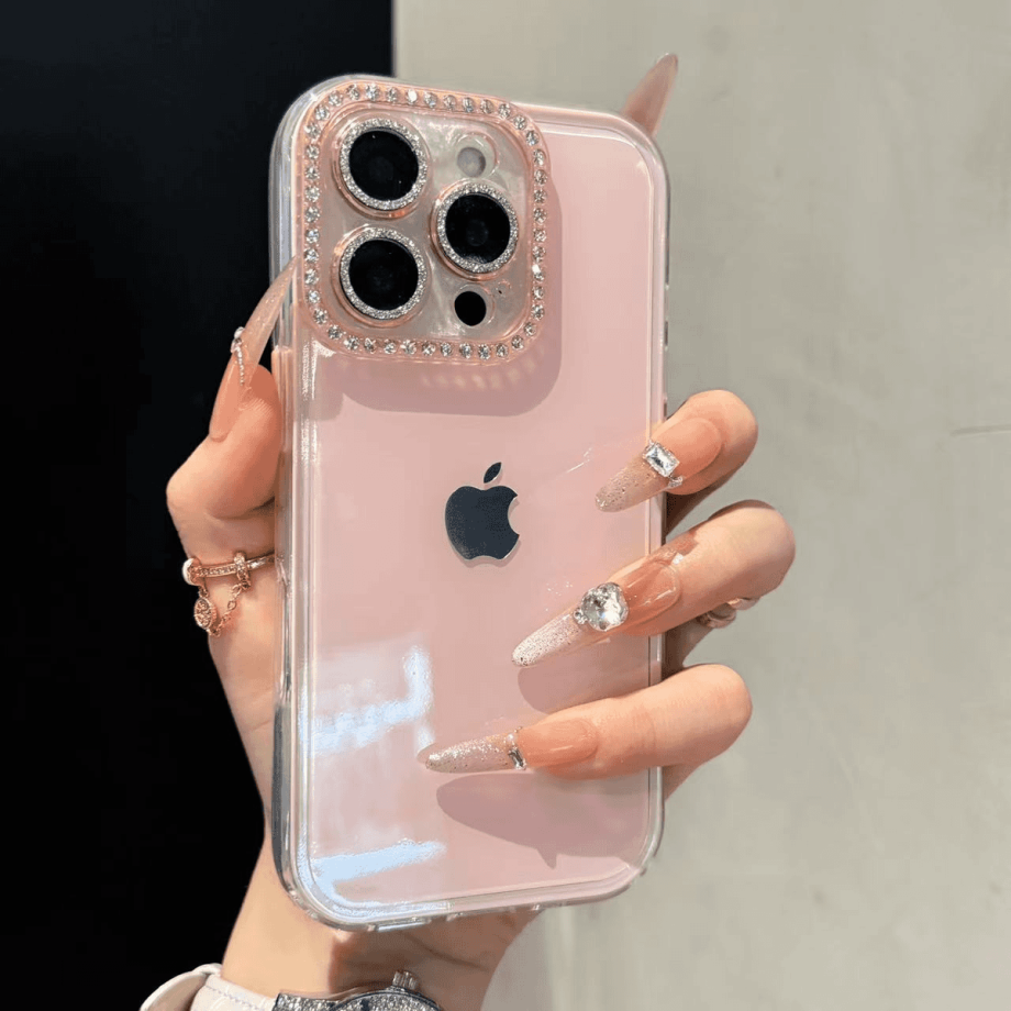Full-coverage Rhinestone Camera Lens Jelly Case for iPhone