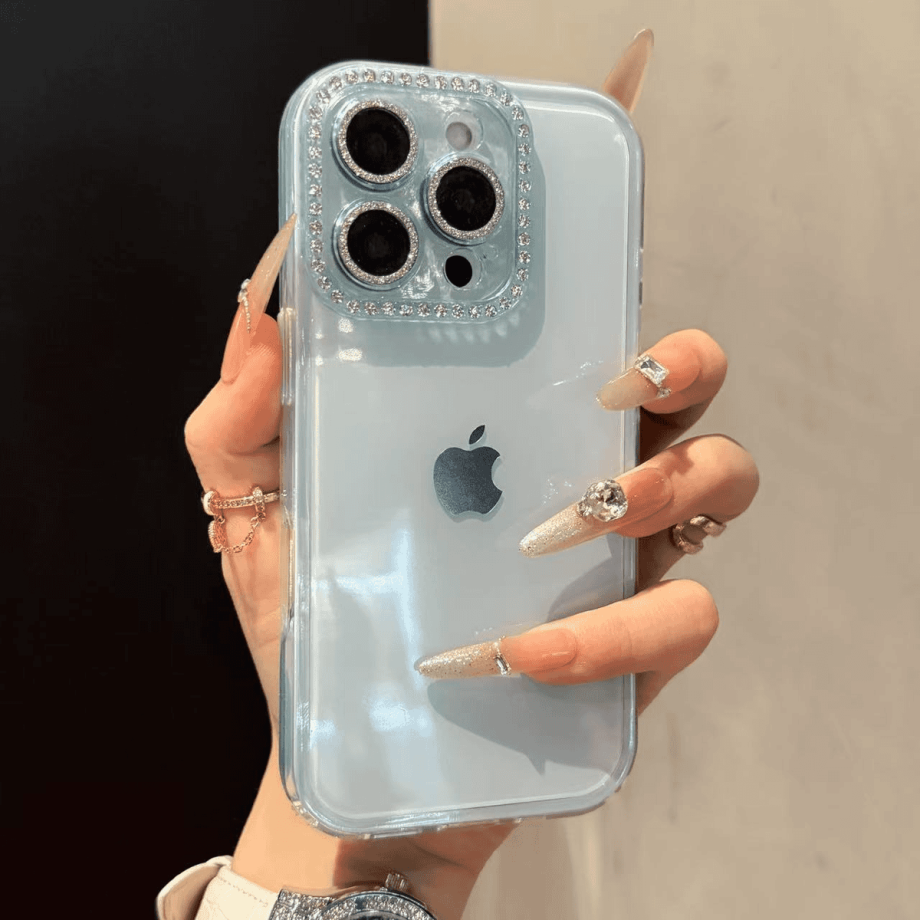 Full-coverage Rhinestone Camera Lens Jelly Case for iPhone
