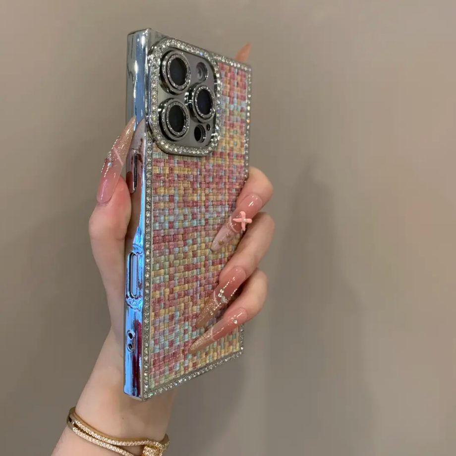 Electroplated woven pattern lens film case for iPhone