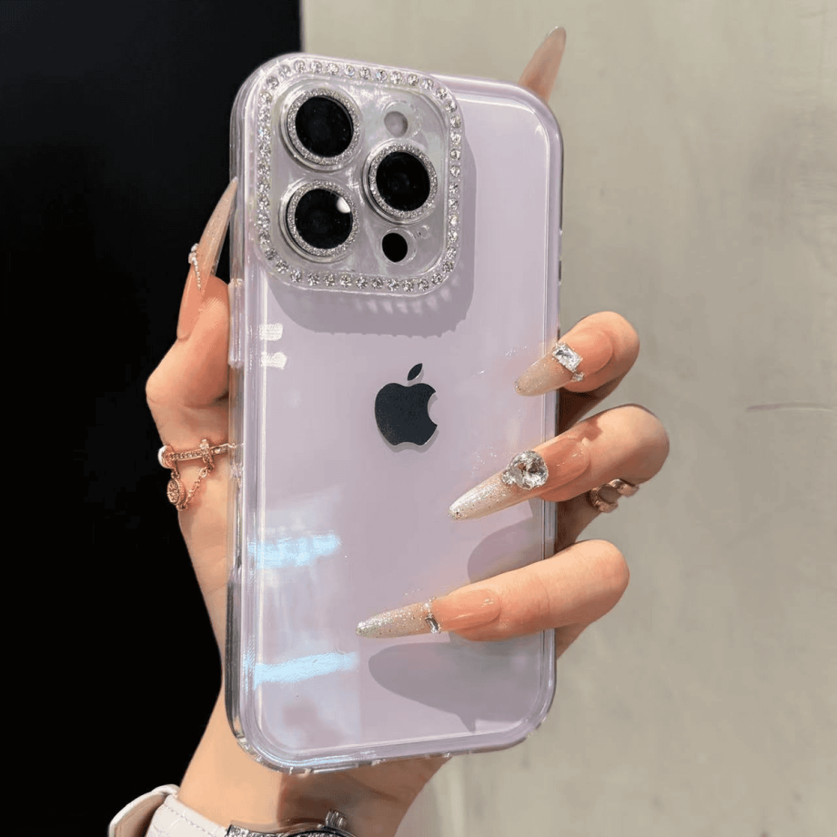 Full-coverage Rhinestone Camera Lens Jelly Case for iPhone