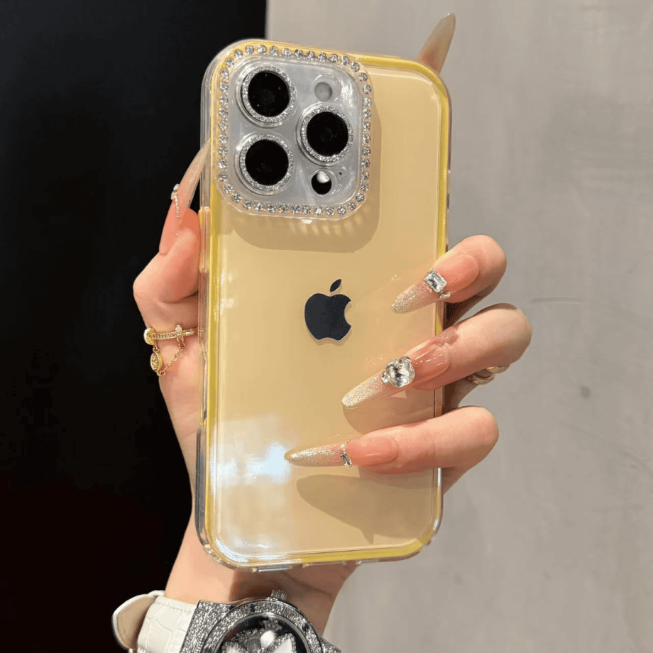Full-coverage Rhinestone Camera Lens Jelly Case for iPhone
