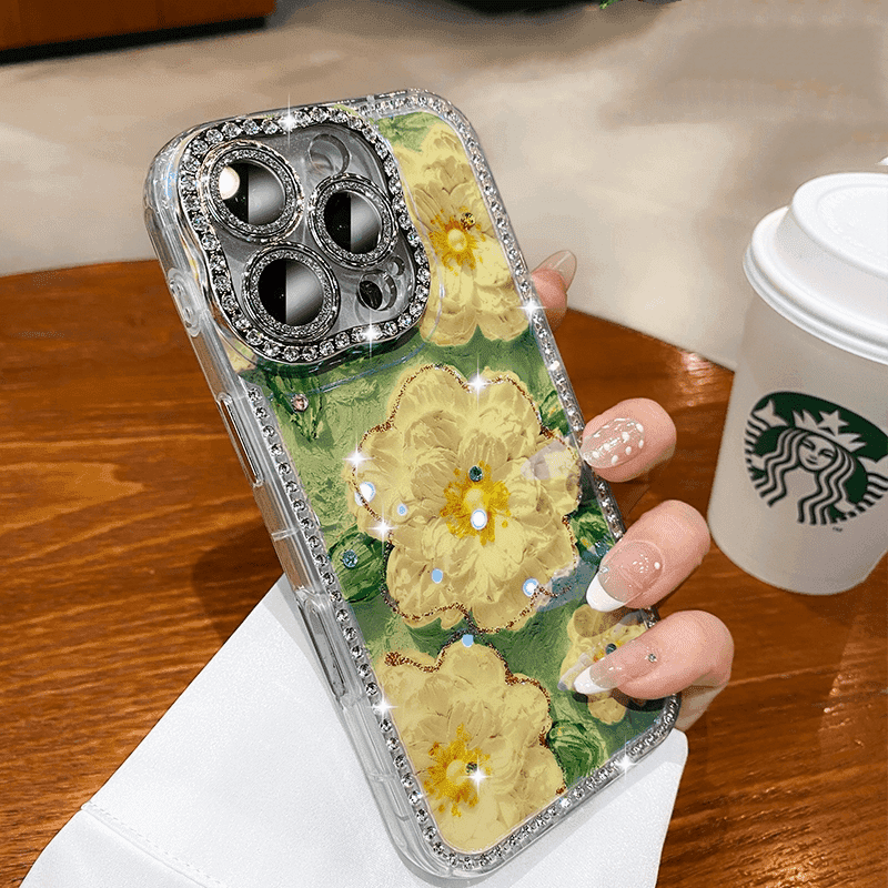Luxury Sparkling Rhinestone Flower Lens Film Phone Case for iPhone