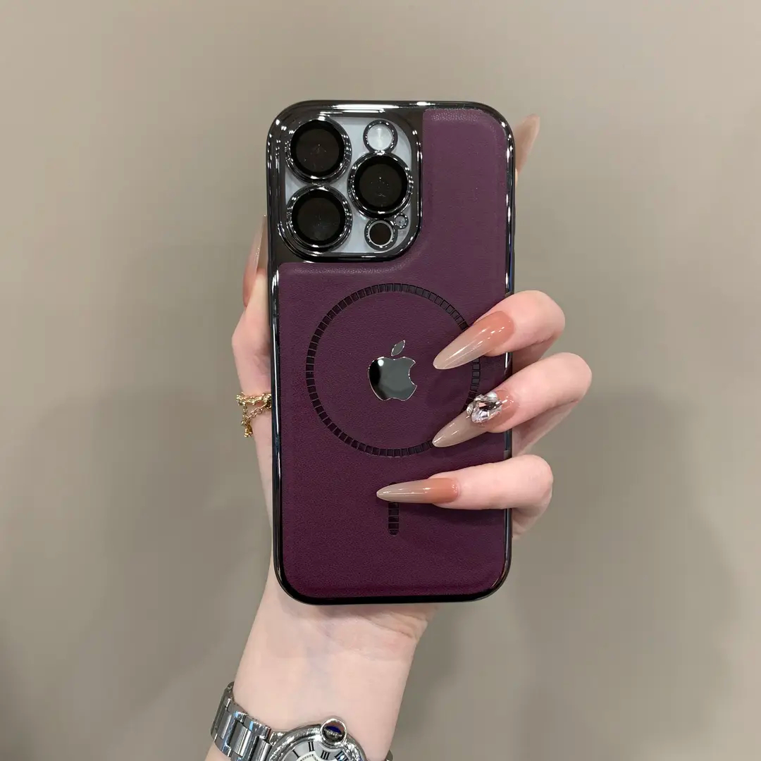 Electroplated leather texture magnetic case for iPhone