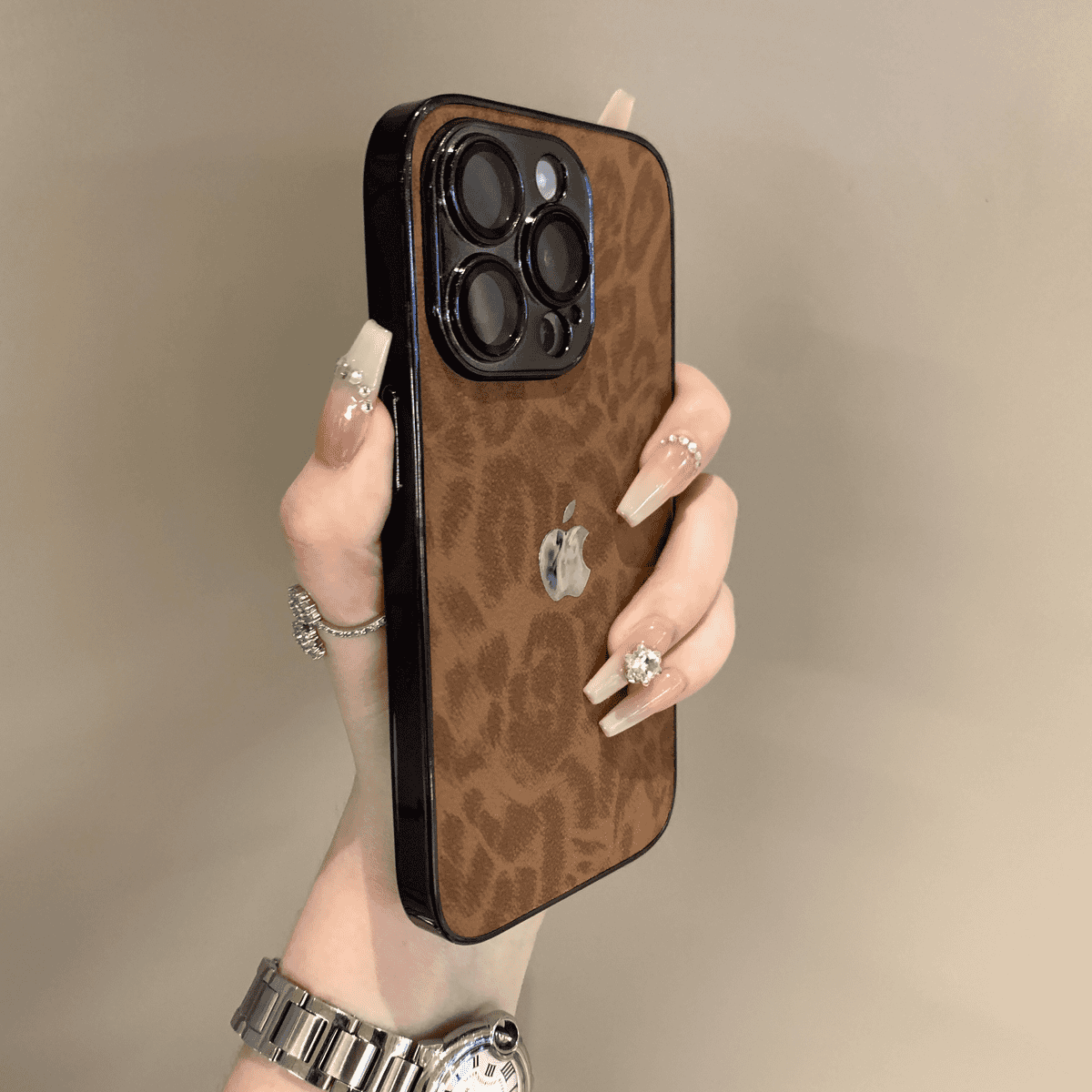 Electroplated leopard print full-coverage lens film phone case - Image 2