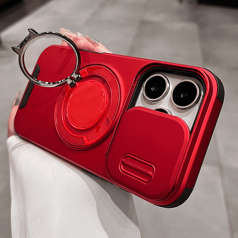 Sliding window lens with magnetic ring holder phone case