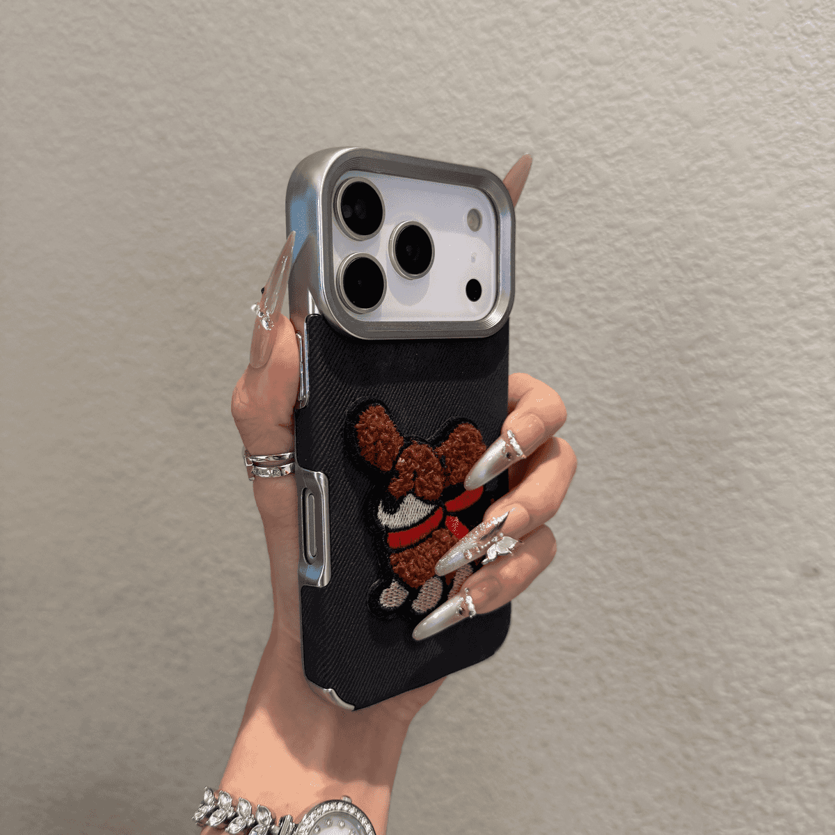Electroplated denim pattern embroidered 3D dog phone case