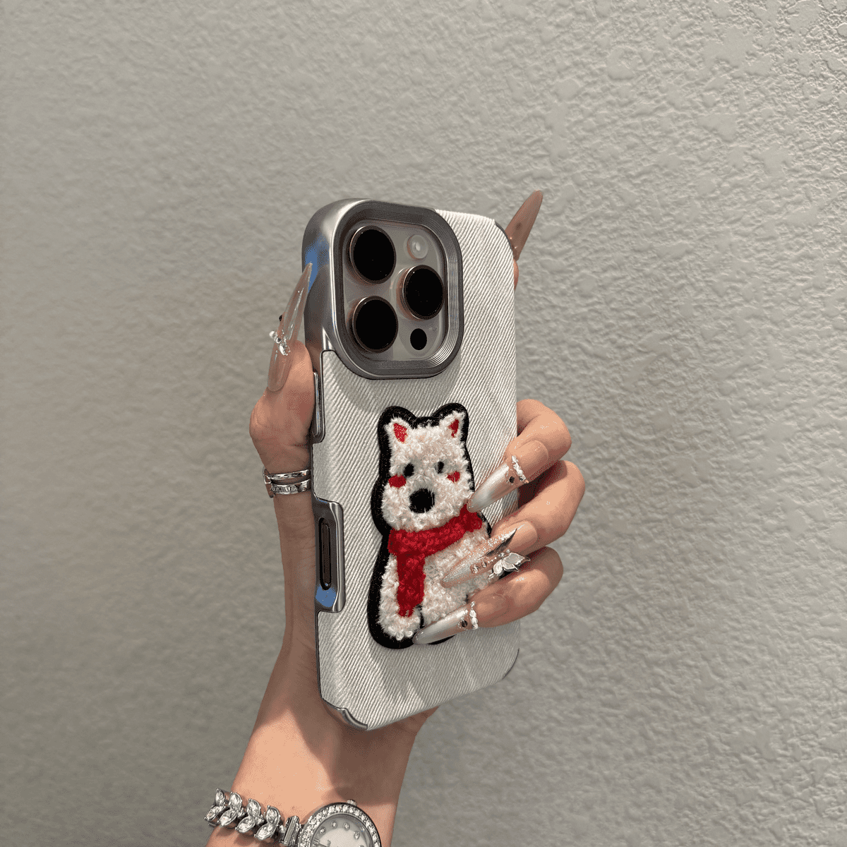 Electroplated denim pattern embroidered 3D dog phone case