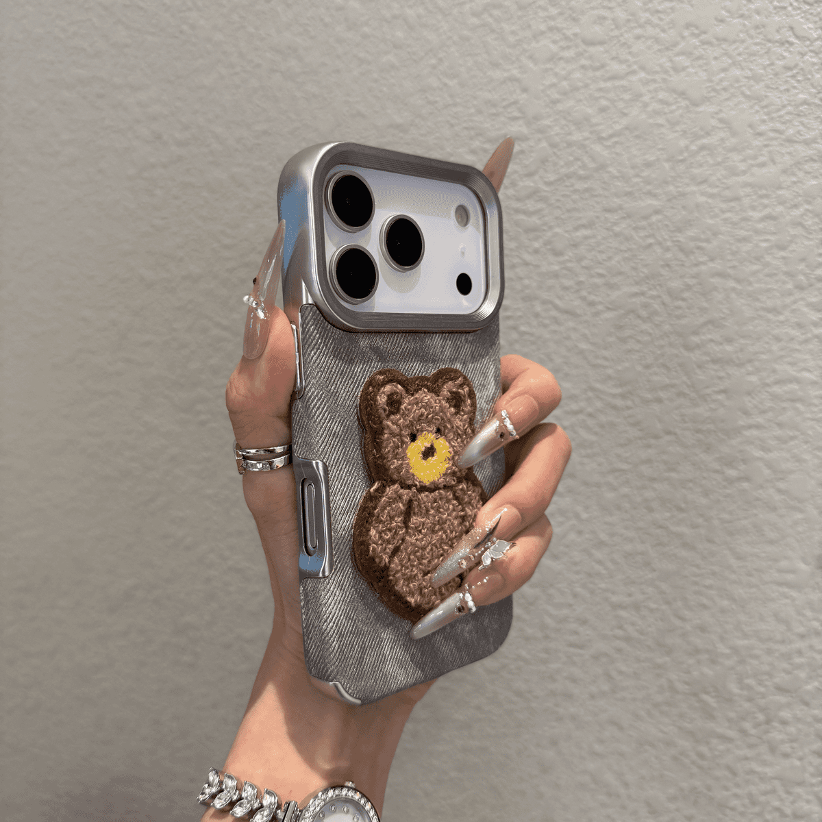 Electroplated denim pattern embroidered 3D dog phone case