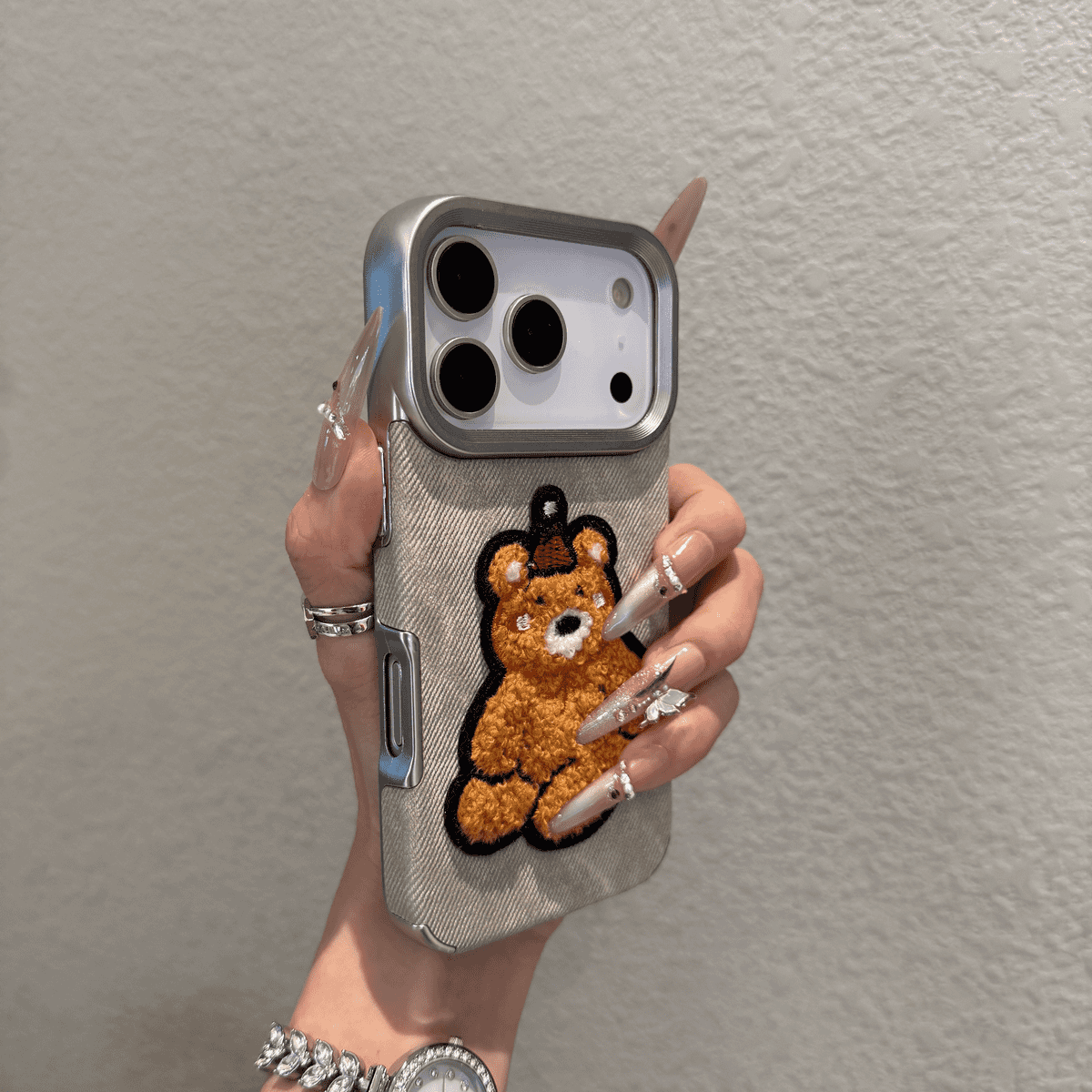 Electroplated denim pattern embroidered 3D dog phone case
