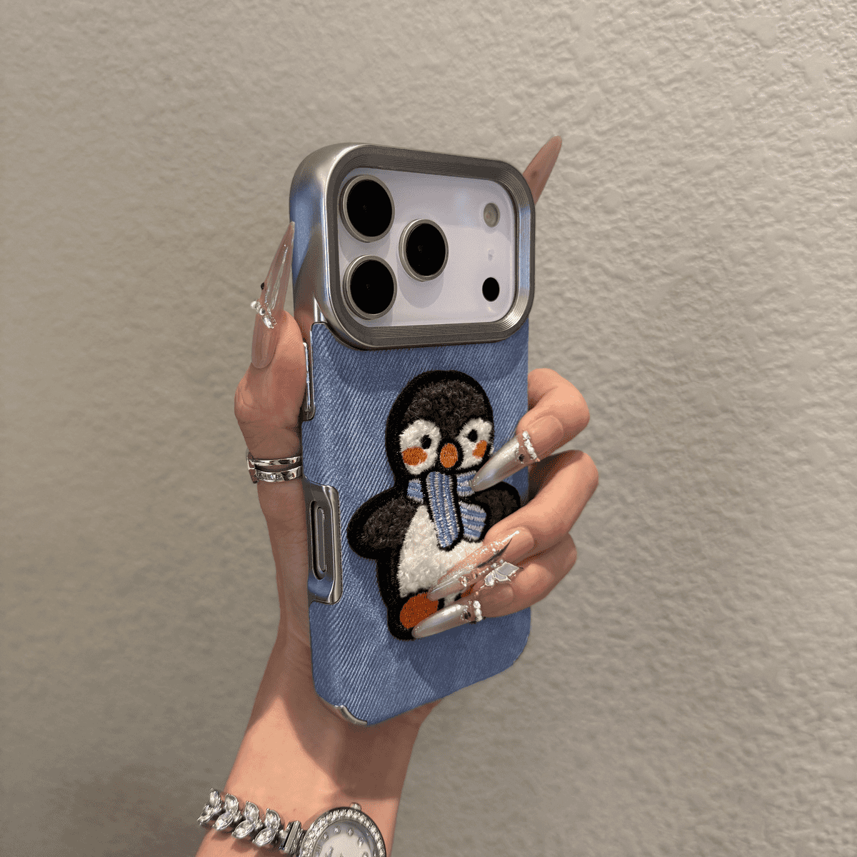 Electroplated denim pattern embroidered 3D dog phone case