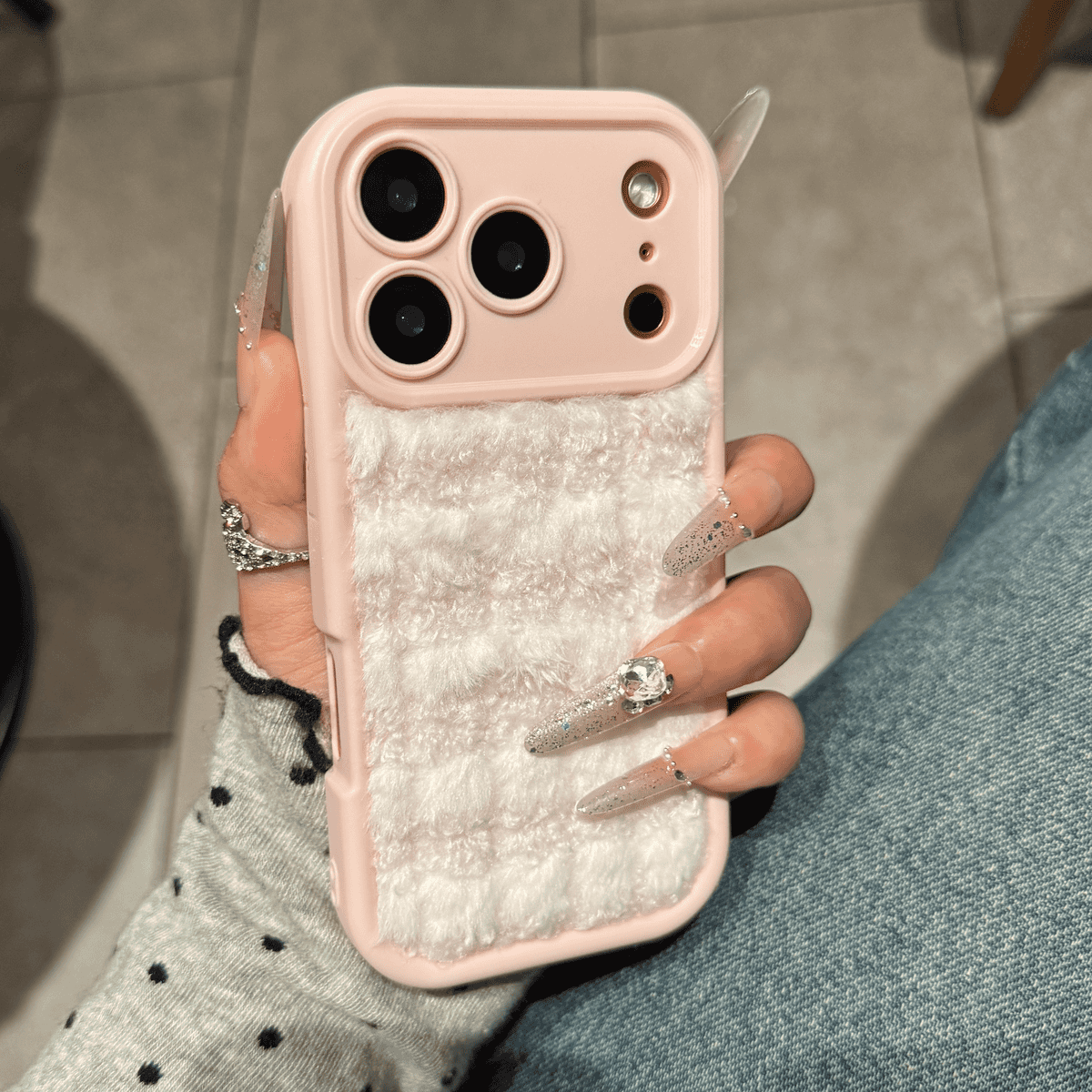Plush striped checkered case for iPhone